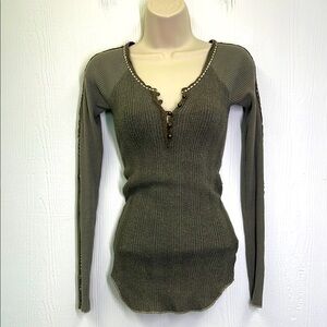 Free People - We The Free Olive Green Ribbed Soft Half Button Long Sleeve Top XS